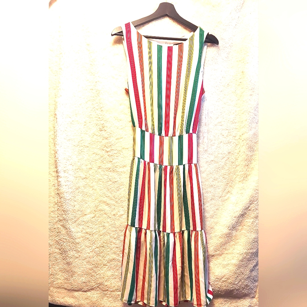 Maison Tara Red and Green Tiered Midi Dress